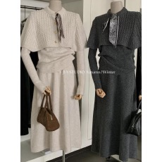 批发Y.JIA 伊嘉2025十三行秋冬叠穿斗蓬v领针织衫半<b class='q'>裙套装</b>(配丝巾)