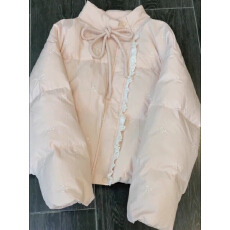 批发蕾丝拼接羽绒棉服外套女2025年新款冬季韩系高级感粉色蝴蝶结棉衣