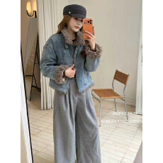 批发复古羊卷毛立领羽绒服女短款小个子保暖牛仔派克服巨好看冬装外套