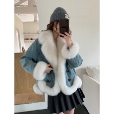 批发海岛日记2025冬季新款牛仔拼接狐狸毛皮草外套女白鹅绒羽绒服派克