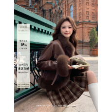 批发浓郁热可可/2025新款狐狸毛皮草外套短款机车鹅绒内胆羽绒夹克冬