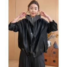 批发连帽卫衣假两件皮衣外套女欧洲站2025秋冬宽松休闲夹棉加厚皮夹克