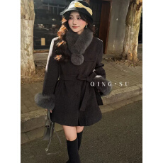 批发千金风毛领羽绒内胆风衣外套女2025冬季新款中长款系带收腰保暖潮