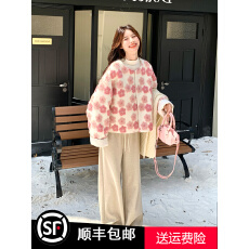 批发粉色甜美可爱花朵撞色羊羔毛外套女2025<b class='q'>冬</b>新款小个子减龄圆领上衣