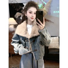 批发欧货小个子复古毛领牛仔外套女2025冬季加绒保暖牛角扣时尚夹克潮