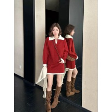 批发十三行爆款~气质秋冬简约撞色翻领宽松百搭毛衣短款半身裙两件套