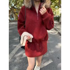 批发貉子毛连帽卫衣+半身裙两件套女2025冬季新款羽绒内胆<b class='q'>时尚</b>套装
