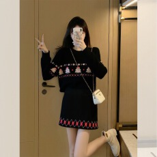 批发费尔岛黑色毛衣提花套装女2025新款秋冬穿搭针织上衣半身裙两件套