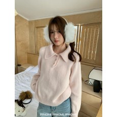 批发PPHOME自制~轻甜奶油 韩代翻领<b class='q'>毛衣</b>系扣长袖针织衫女宽松百搭上衣