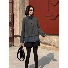 批发毛呢拼接牛仔假两件衬衫女2025秋冬新款时尚百搭气质宽松显瘦上衣