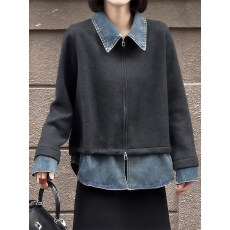 批发时尚随性牛仔拼接假两件外套女2025冬新款秋松弛感衬衫领夹克上衣