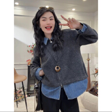 批发【温柔立场】2026年春款牛仔翻领拼接开衫<b class='q'>女</b>宽松百搭简约气质款