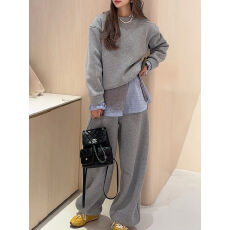 批发韩系高级感<b class='q'>运动</b>服套装女春秋宽松时尚假两件卫衣长裤休闲两件套