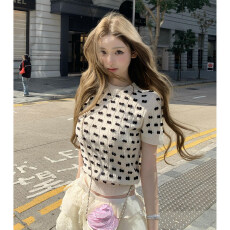 批发韩系设计感蝴蝶结风短袖圆领<b class='q'>毛衣</b>女花边短裙夏套装修身显瘦高级感