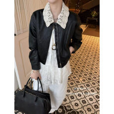 批发花边蕾丝领皮衣外套女欧洲站2026年春季新款韩版百搭显瘦夹克上衣