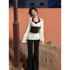 批发纯欲风假两件挂脖露肩长袖上衣女春季新款<b class='q'>高腰</b>修身显瘦休闲裤套装