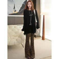 批发夏季清凉感字母印花防晒罩衫女复古显瘦豹纹微喇叭休闲长裤<b class='q'>套装</b>