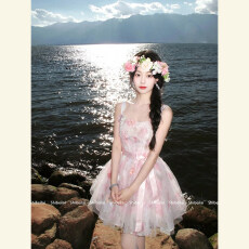 批发粉紫碎花网纱吊带短裙女2026<b class='q'>夏</b>季新款立体花收腰显瘦温柔风仙女裙