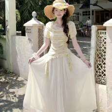 批发少女感一字肩上衣不规则上衣高腰半身长裙套装女夏季高级感两件套