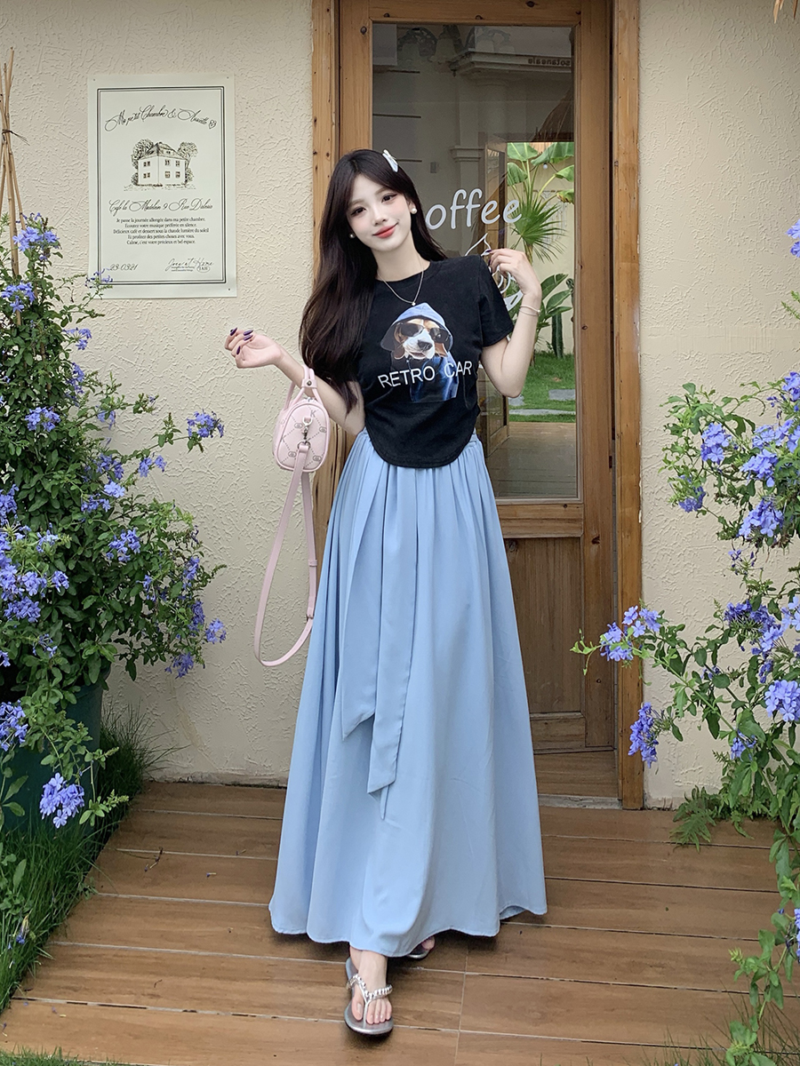 FA26848# -大码修身黑色字母T恤+蓝色半身裙两件套装 服裝批發女裝批發服飾貨源