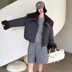 批发2025年冬装<b class='q'>新款</b>大翻领羊羔毛两面穿棉服棉衣女短<b class='q'>外套</b>上衣