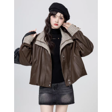 批发棕色翻领皮衣外套女<b class='q'>秋</b>冬2025<b class='q'>秋</b>季新款格纹拼接PU皮夹克开衫短上衣