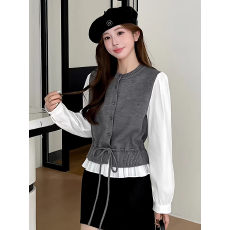 批发韩版温柔风绑带针织拼接<b class='q'>假两件</b><b class='q'>衬衫</b>女收腰显瘦减龄上衣高端