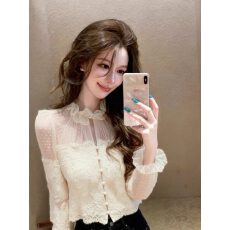 批发春款法式纯欲辣妹白色蕾丝<b class='q'>衬衫</b>女设计感网纱拼接修身<b class='q'>长袖</b>上衣