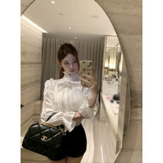 批发luna潞娜12.8新品轻奢<b class='q'>衬衫</b>重工蕾丝拼接<b class='q'>蝴蝶结</b>缎面上衣