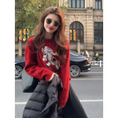 批发红色小马提花新年款圆领厚毛衣女秋冬<b class='q'>宽松</b>慵懒风内搭针织套头上衣