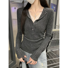 批发<b class='q'>蕾丝</b>miu系假两件磨毛<b class='q'>打底衫</b>女春秋冬季半开领纽扣正肩长袖T恤上衣