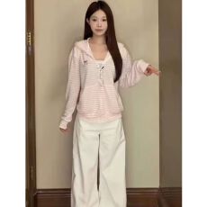 批发韩系复古拼接开衫微透长袖<b class='q'>t</b><b class='q'>恤</b>女春季修身显瘦防晒连帽罩衫上衣潮