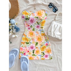 批发实拍外贸女士度假休闲花卉印花抹胸迷你连衣裙