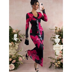 批发女士秋冬季新款优雅网眼花卉印花双层领长袖<b class='q'>荷叶边</b>下摆修身<b class='q'>连衣裙</b>