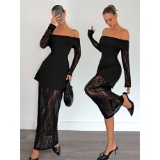 批发女士优雅性感净色蕾丝拼接露肩收腰长款连衣裙适合约会参加婚礼