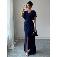 批发女士优雅浪漫荷叶边袖V领收腰修身开衩下摆长款<b class='q'>连衣裙</b>适合约会