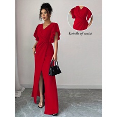 批发女士优雅浪漫荷叶边袖V领收腰修身开衩下摆长款<b class='q'>连衣裙</b>适合约会