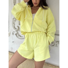 批发<b class='q'>女</b>装优雅休闲宽松拉链连帽长袖上衣休闲纯色<b class='q'>短裤</b>套装