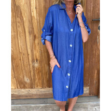 批发女装秋季优雅天丝麻仿牛仔面料长袖中长连衣裙