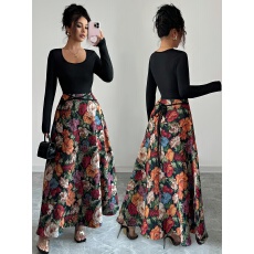 批发女士秋季优雅时尚油画布<b class='q'>提花</b>拼接净色收腰A摆长袖长款<b class='q'>连衣裙</b>