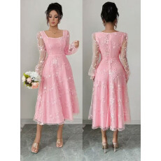 批发女士秋冬季新款优雅<b class='q'>提花</b>方领收腰长袖中长款<b class='q'>连衣裙</b>适合约会