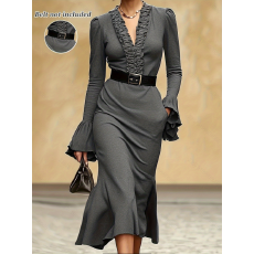 批发女士春秋季时尚优雅荷叶边装饰领口收腰长袖中长款连衣裙不含腰带