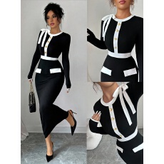 批发女士秋冬季新款法式优雅撞色圆领修身长袖连衣裙适合通勤/约会