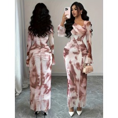 批发女士秋季新款复古优雅扎染印花网眼设计褶皱修身紧身长袖连衣裙