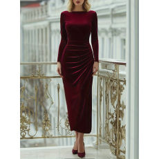 批发女士秋冬季新款优雅酒红色侧边褶皱<b class='q'>露背</b>设计丝绒长袖中长款<b class='q'>连衣裙</b>