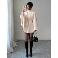 批发<b class='q'>女</b>士秋冬季新款时尚优雅立领收腰喇叭袖纯色斗篷式毛呢大衣外套