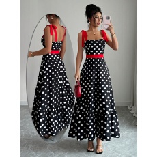 批发女士法式优雅波点撞色拼接收腰A摆<b class='q'>长款</b>吊带<b class='q'>连衣裙</b>适合约会/度假/