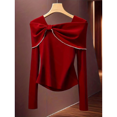 批发女士秋冬季新款优雅浪漫蝴蝶结装饰白色花边拼接修身T恤适合约会