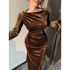 批发女士秋冬季新款复古优雅纯色<b class='q'>修身</b>开衩设计喇叭袖中长款丝绒<b class='q'>连衣裙</b>