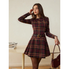 批发女士秋冬季时尚优雅圆领格纹长袖短款连衣裙适合约会【不含腰带】